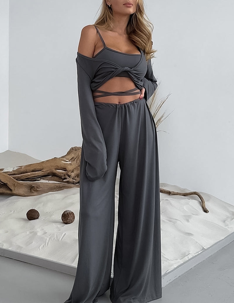 Long Pants Pajamas 3-Piece Set Wrap Loungewear Set