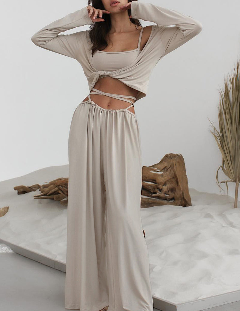 Long Pants Pajamas 3-Piece Set Wrap Loungewear Set