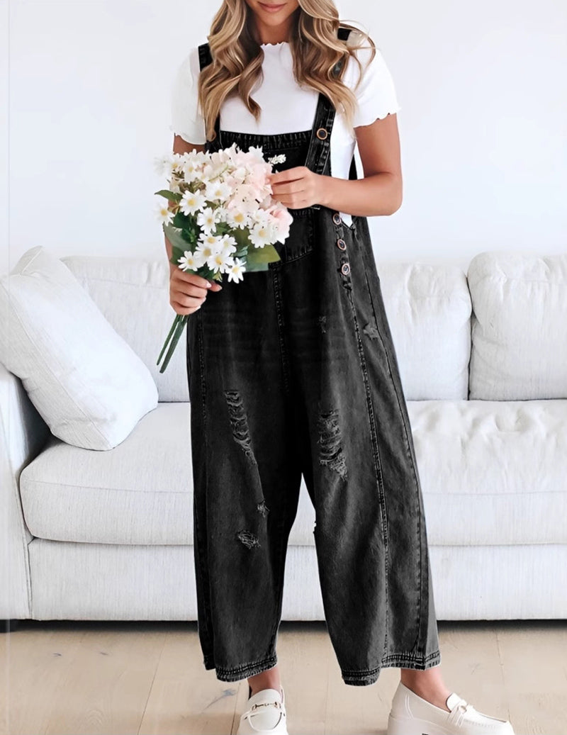 Adjustable Strap Denim Bib Overall Distressed Wide Leg Baggy Jumpsuit