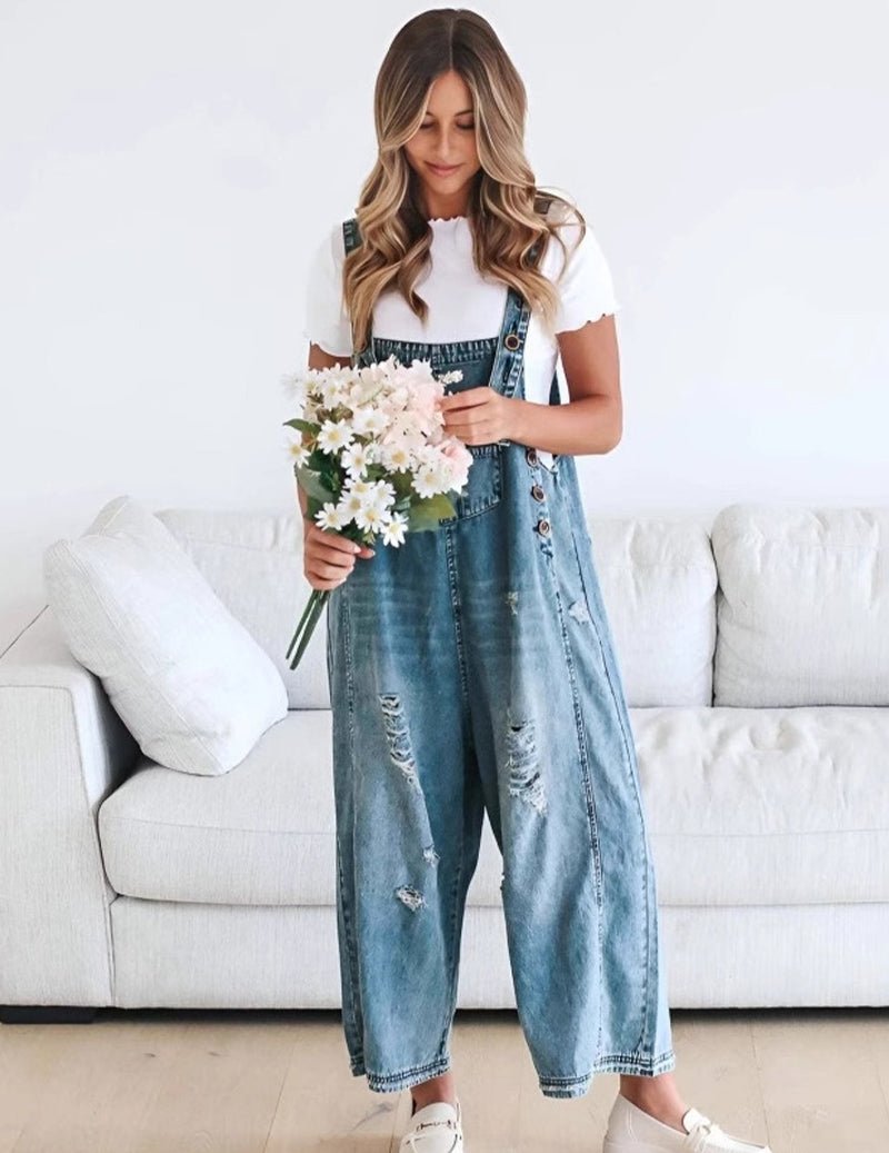 Adjustable Strap Denim Bib Overall Distressed Wide Leg Baggy Jumpsuit