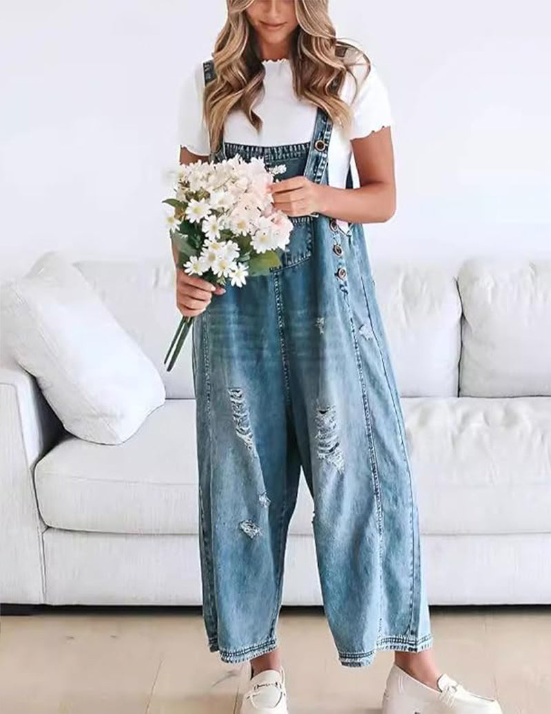 Adjustable Strap Denim Bib Overall Distressed Wide Leg Baggy Jumpsuit