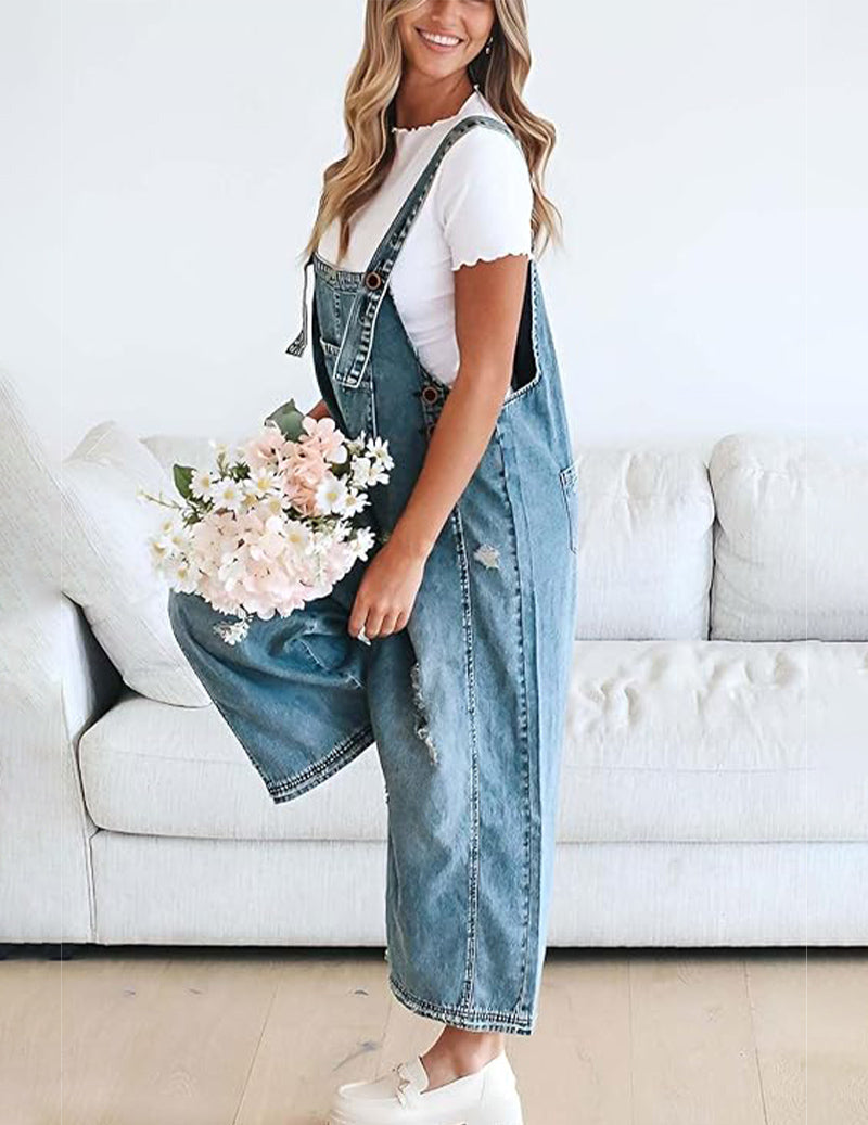 Adjustable Strap Denim Bib Overall Distressed Wide Leg Baggy Jumpsuit