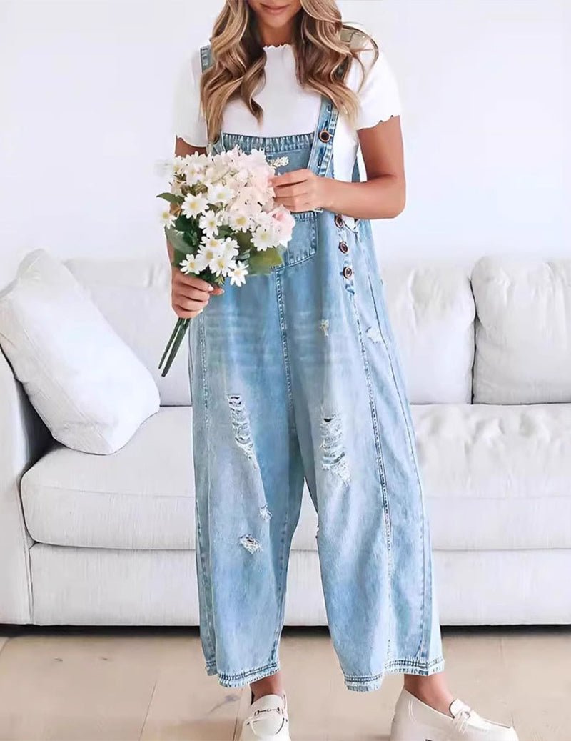 Adjustable Strap Denim Bib Overall Distressed Wide Leg Baggy Jumpsuit