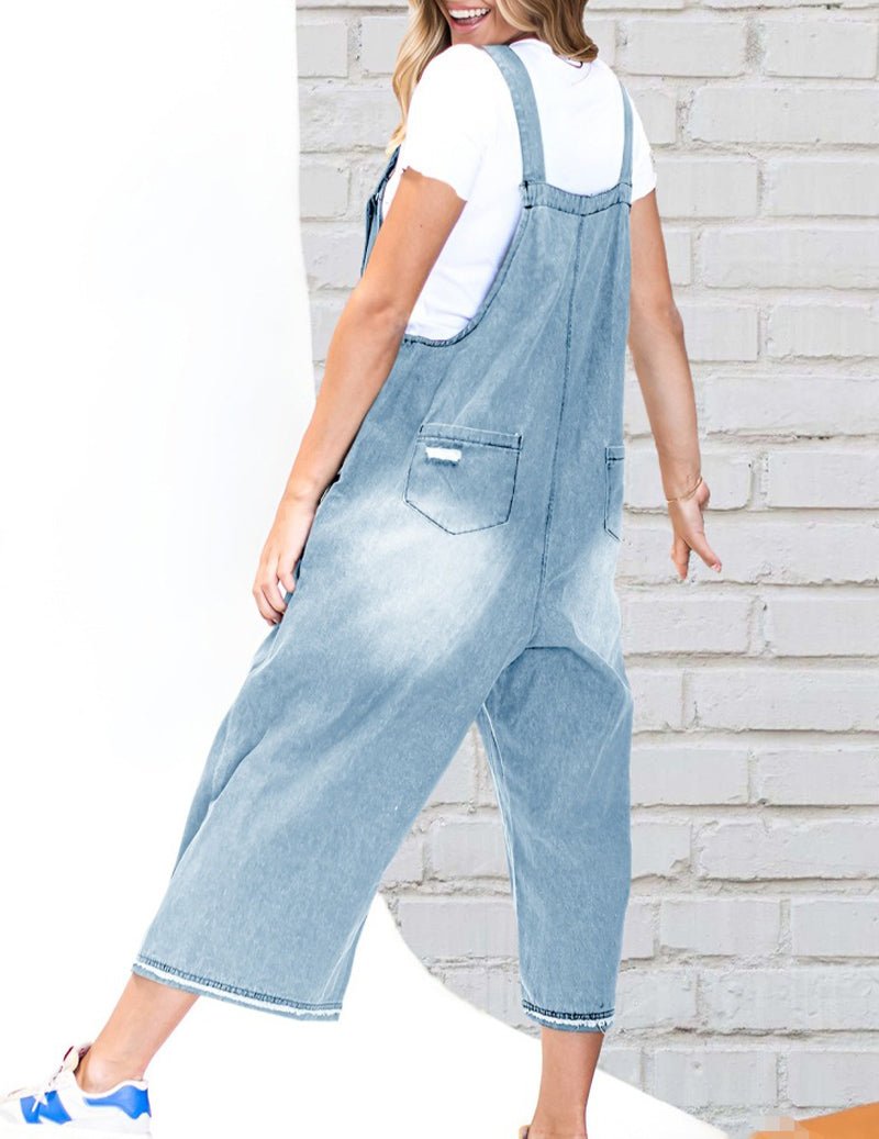 Adjustable Strap Denim Bib Overall Distressed Wide Leg Baggy Jumpsuit