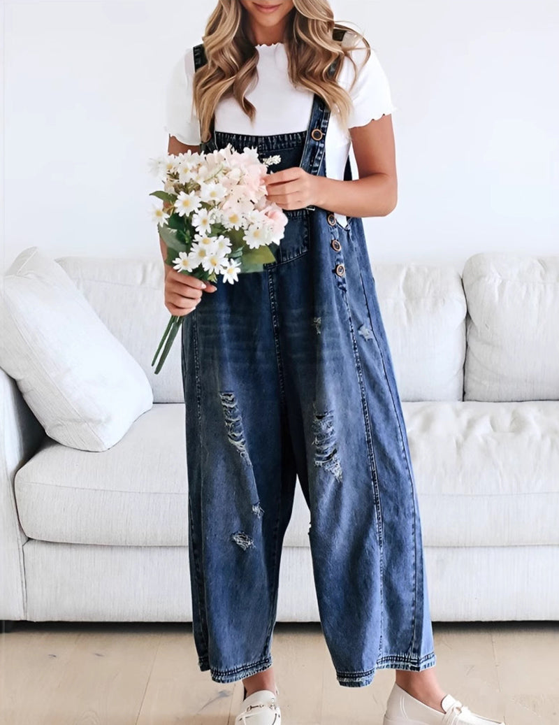 Adjustable Strap Denim Bib Overall Distressed Wide Leg Baggy Jumpsuit