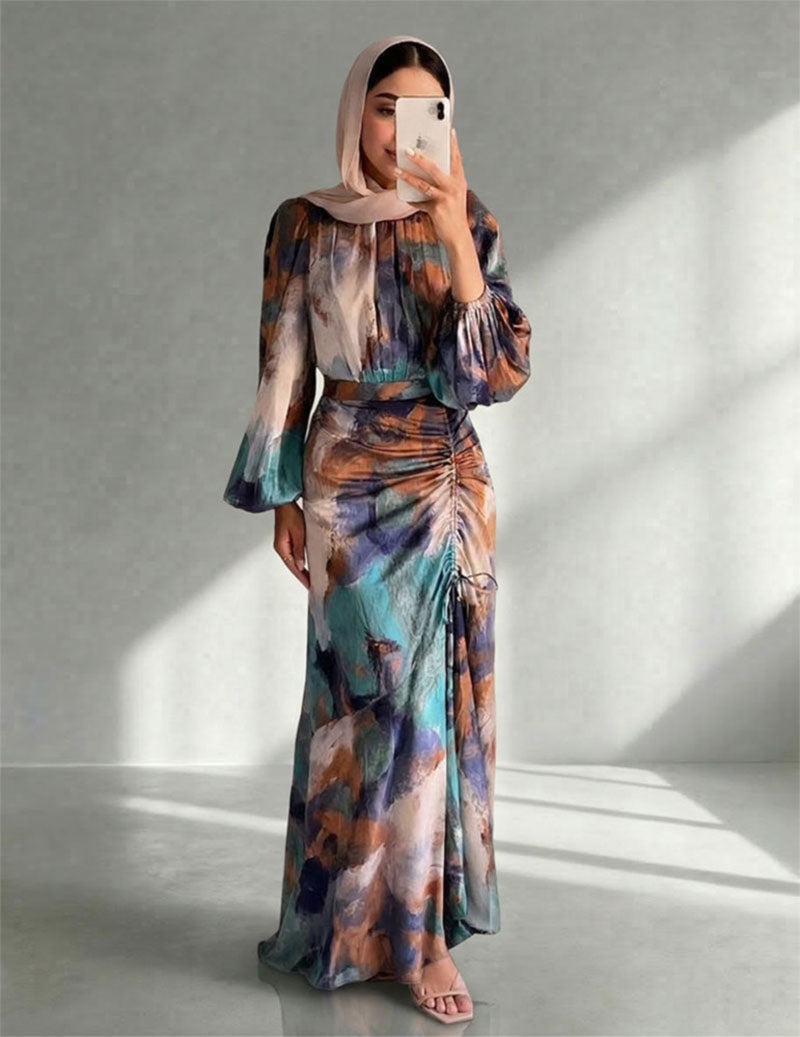 Long Sleeve Ruched Maxi Dress Floral Abstract Print Dress
