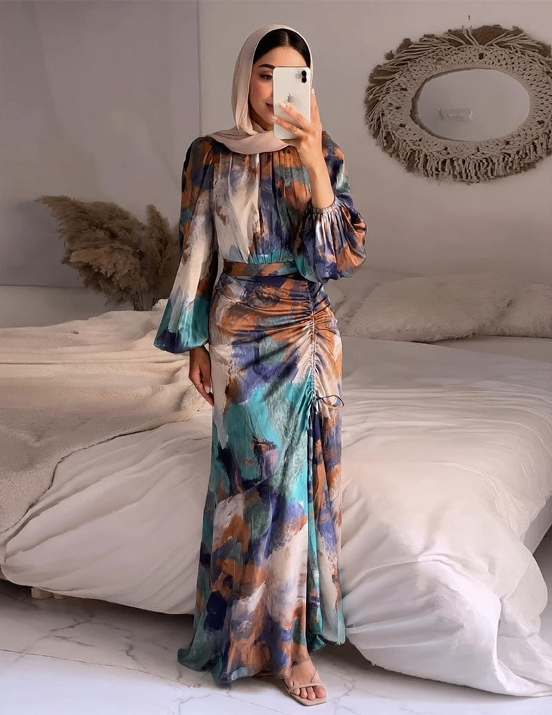 Long Sleeve Ruched Maxi Dress Floral Abstract Print Dress