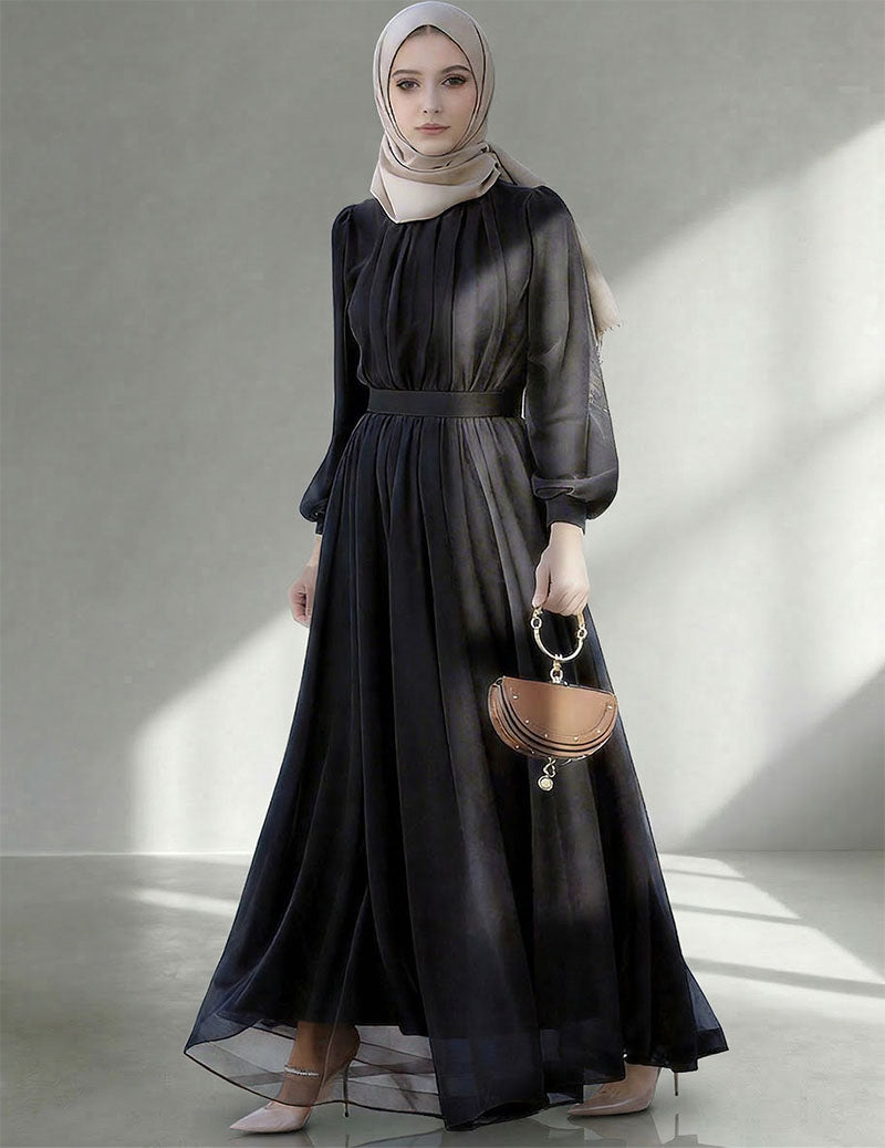 Chiffon Pleated Maxi Dress Modest Long Sleeve Dress