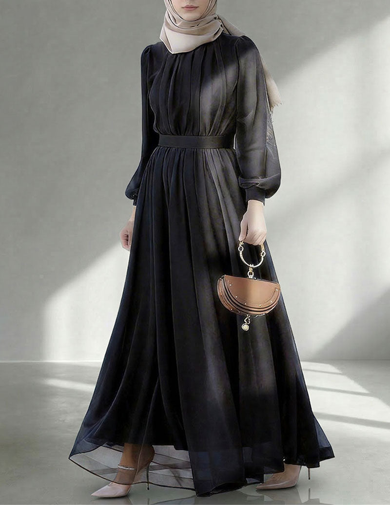 Chiffon Pleated Maxi Dress Modest Long Sleeve Dress