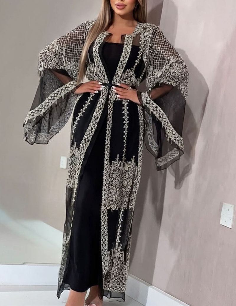 Sequin Embellished Abaya Sheer Mesh Cape Sleeve Kaftan Party Dress