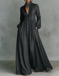 Long Sleeve Button Down Maxi Dress Pleated Chiffon Dress