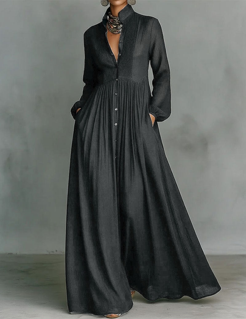 Long Sleeve Button Down Maxi Dress Pleated Chiffon Dress