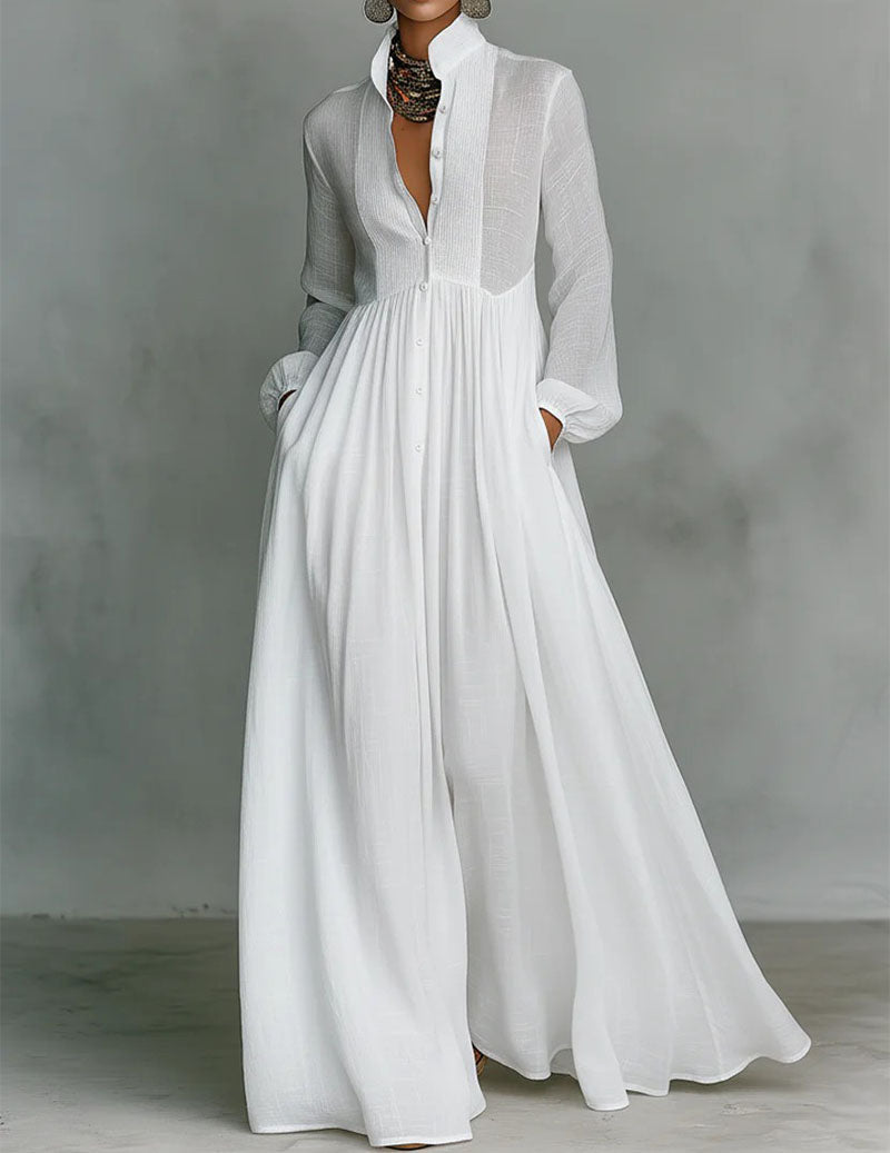 Long Sleeve Button Down Maxi Dress Pleated Chiffon Dress