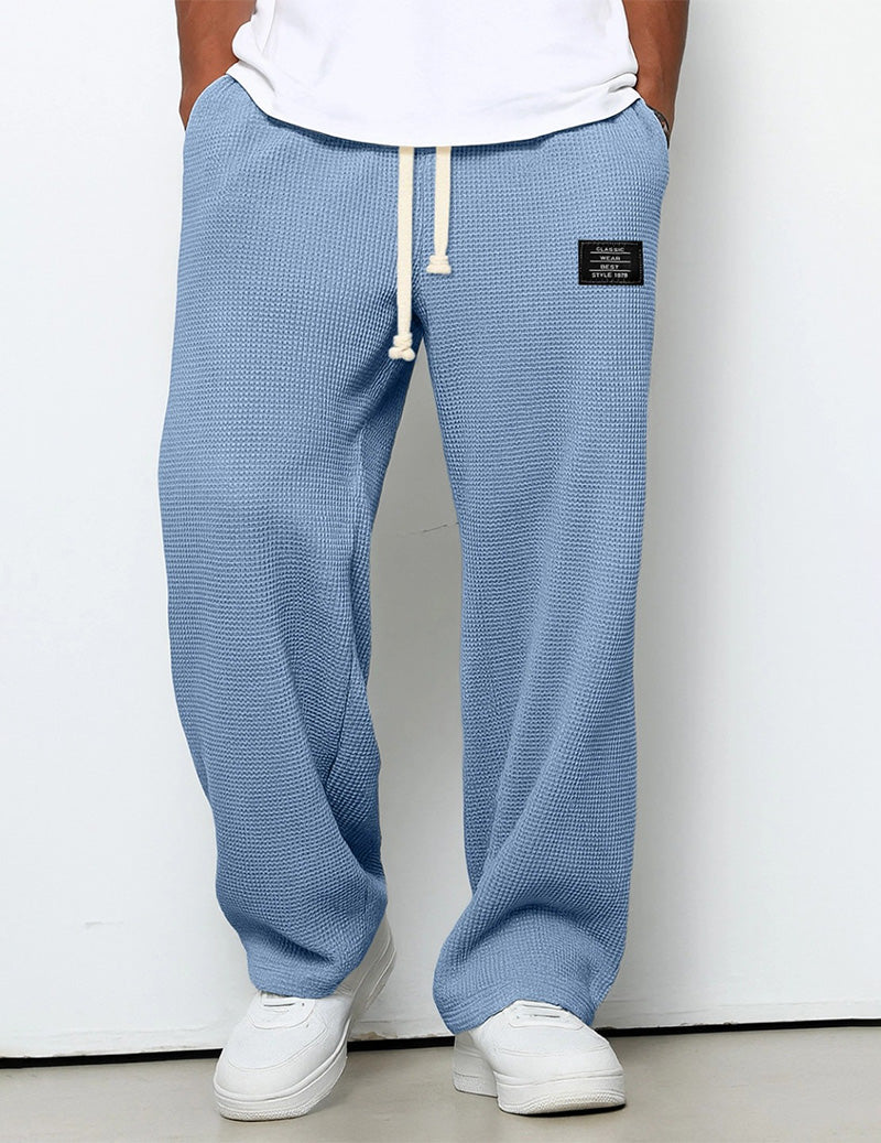 Men's Waffle Knit Pants Loose Fit Drawstring Wide Leg Joggers with Pockets