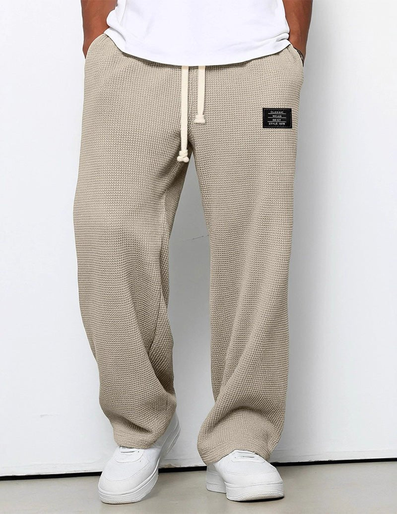 Men's Waffle Knit Pants Loose Fit Drawstring Wide Leg Joggers with Pockets