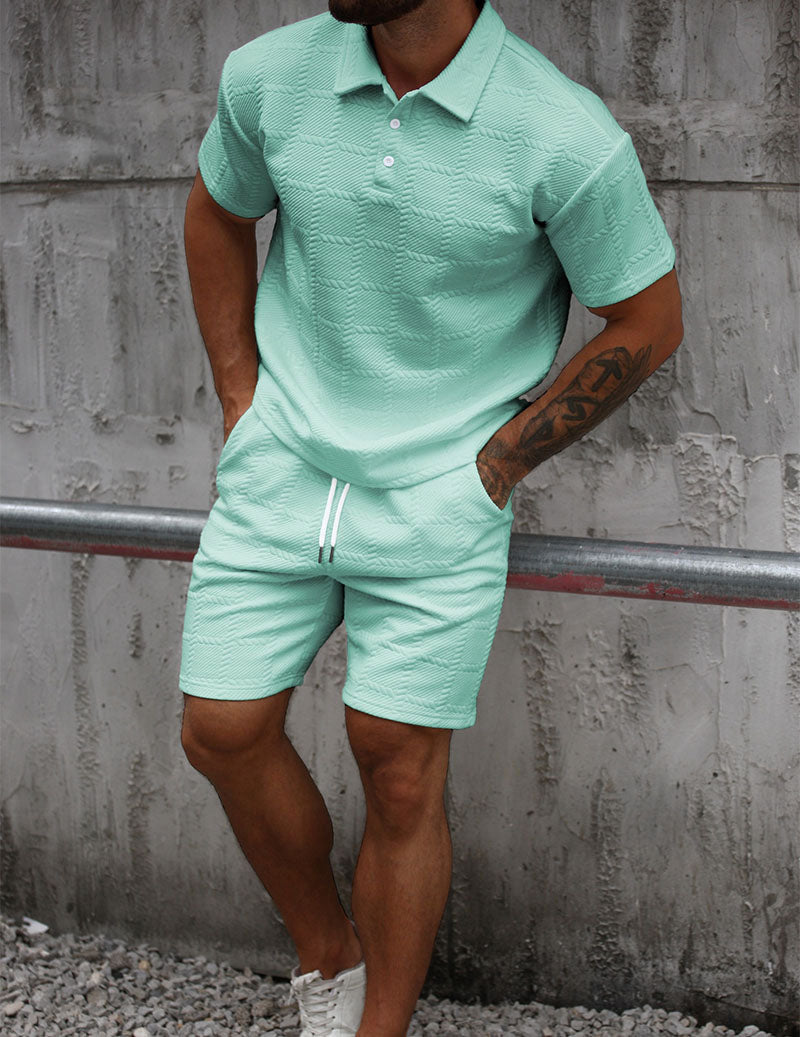 Men's Textured Polo Shirt & Shorts Set Knit Jacquard 2 Piece Outfit