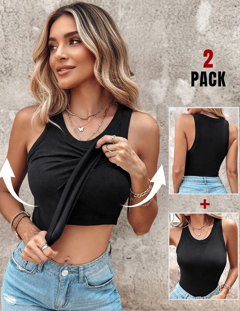 Women's Twist Front Crop Tank Top Ribbed Knit Built-in Shelf Bra