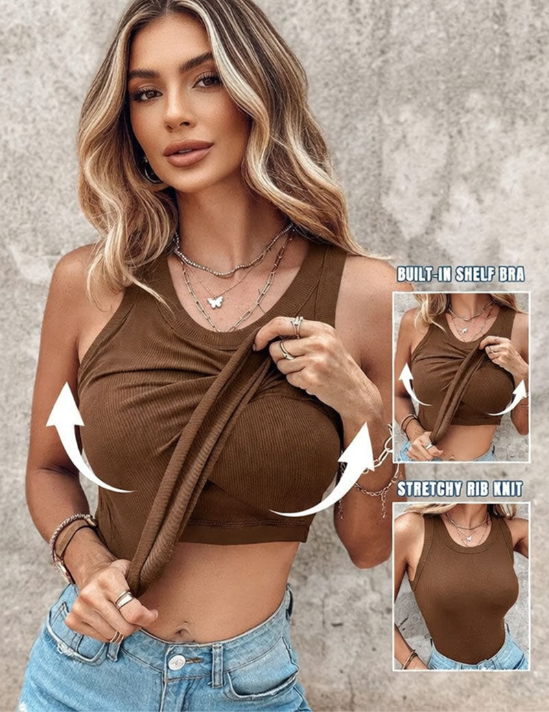 Women's Twist Front Crop Tank Top Ribbed Knit Built-in Shelf Bra