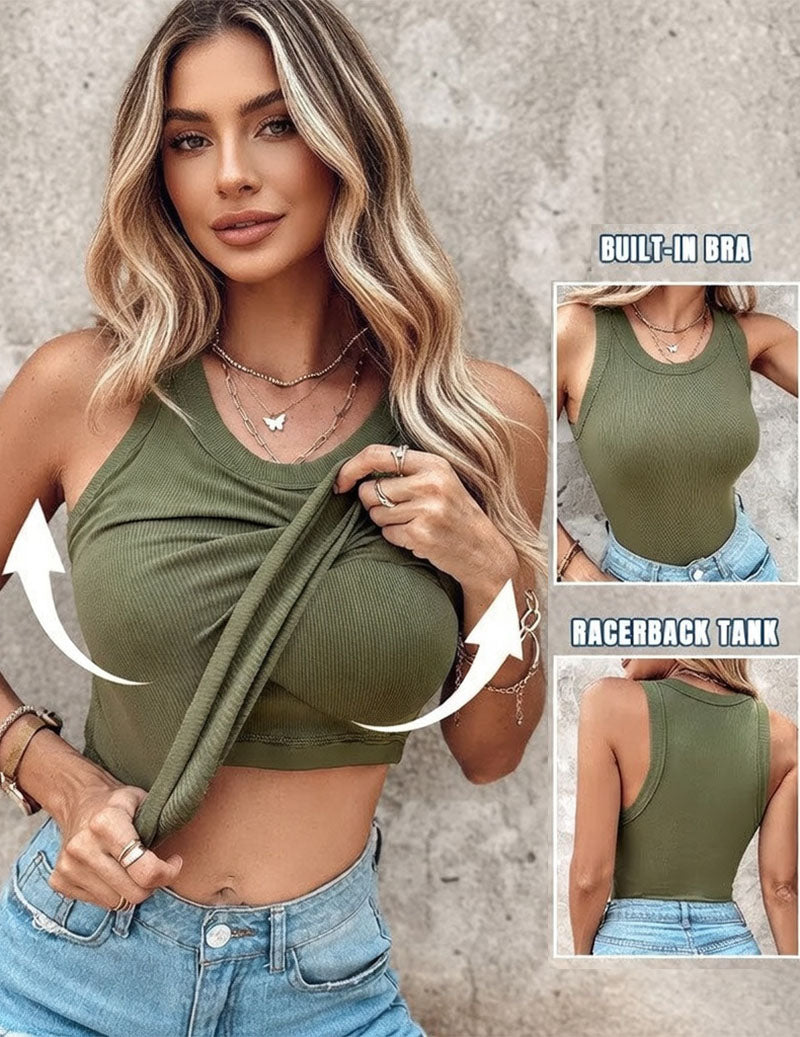 Women's Twist Front Crop Tank Top Ribbed Knit Built-in Shelf Bra