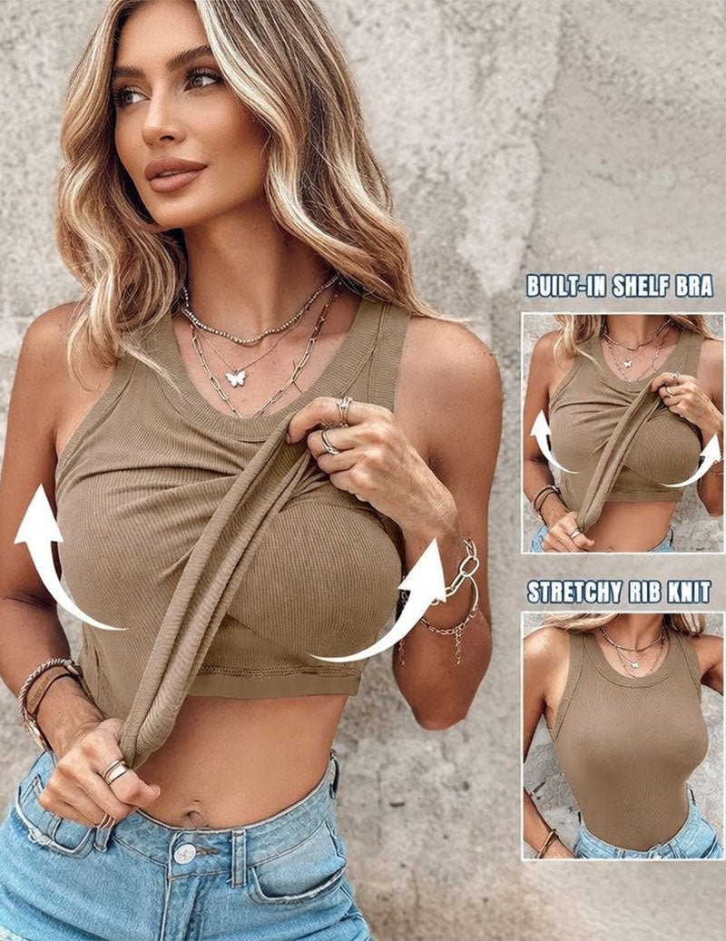 Women's Twist Front Crop Tank Top Ribbed Knit Built-in Shelf Bra