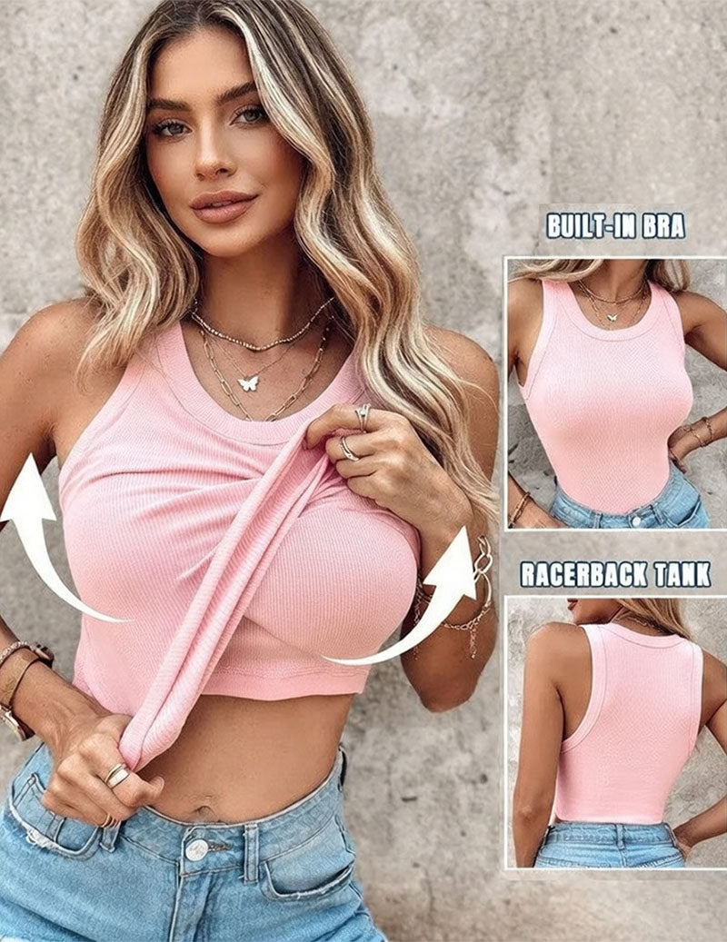 Women's Twist Front Crop Tank Top Ribbed Knit Built-in Shelf Bra