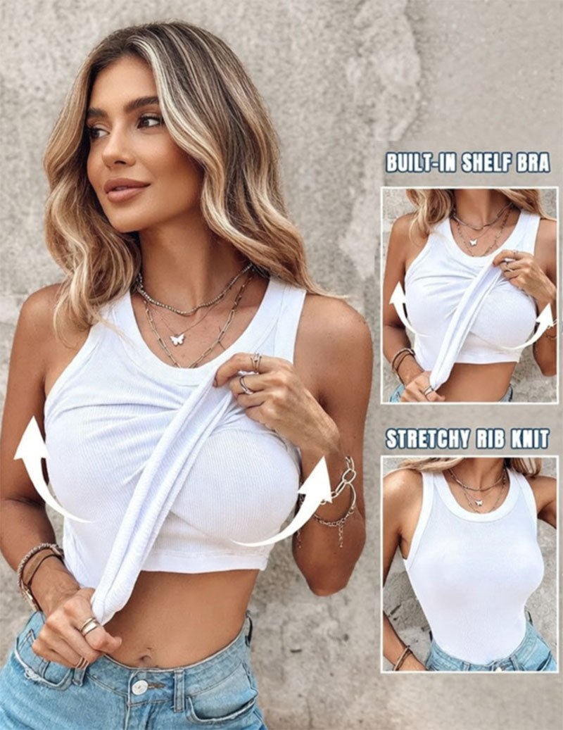 Women's Twist Front Crop Tank Top Ribbed Knit Built-in Shelf Bra