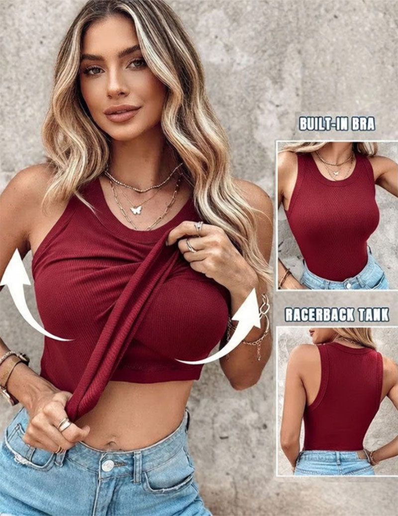 Women's Twist Front Crop Tank Top Ribbed Knit Built-in Shelf Bra