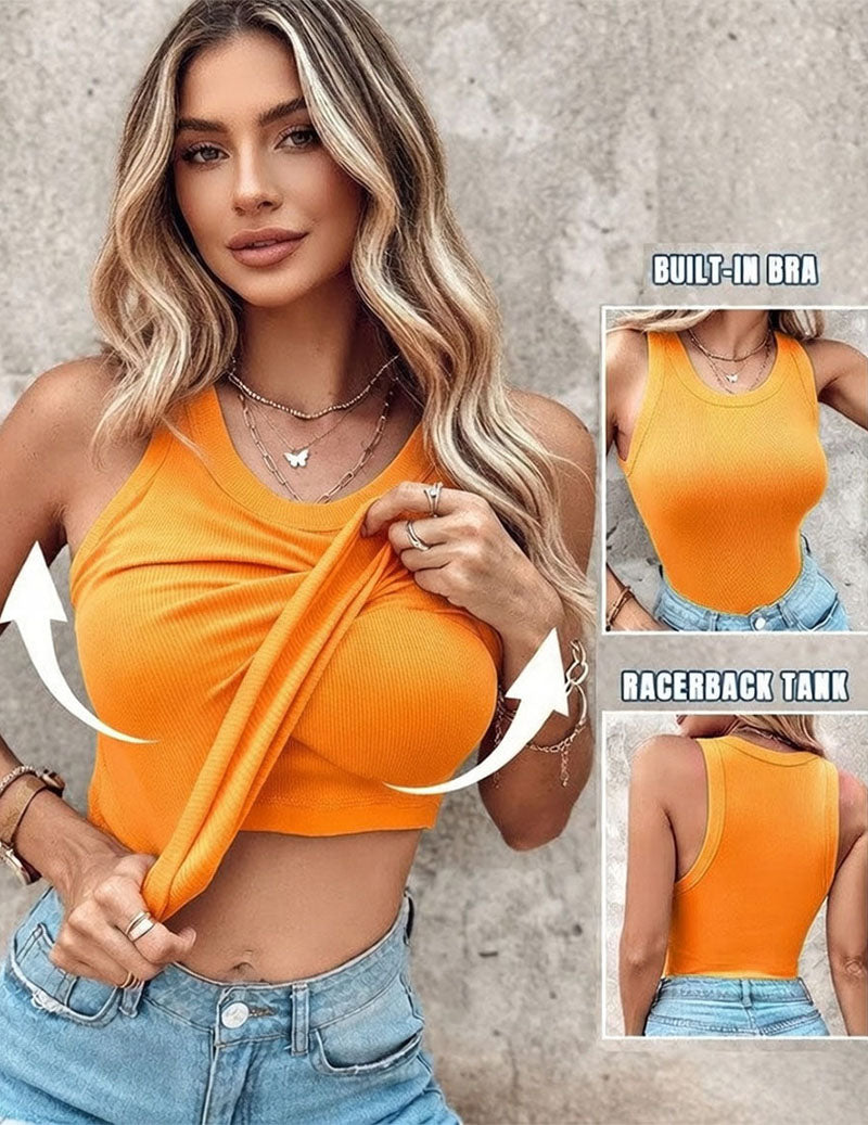Women's Twist Front Crop Tank Top Ribbed Knit Built-in Shelf Bra