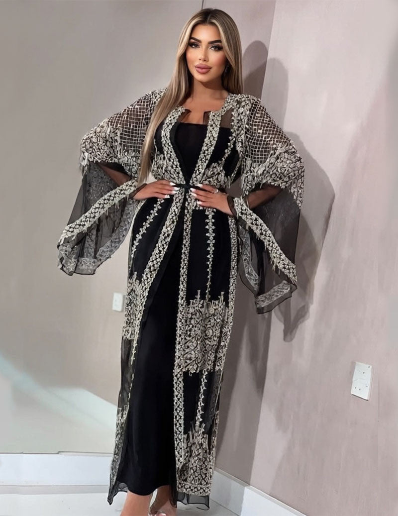 Sequin Embellished Abaya Sheer Mesh Cape Sleeve Kaftan Party Dress
