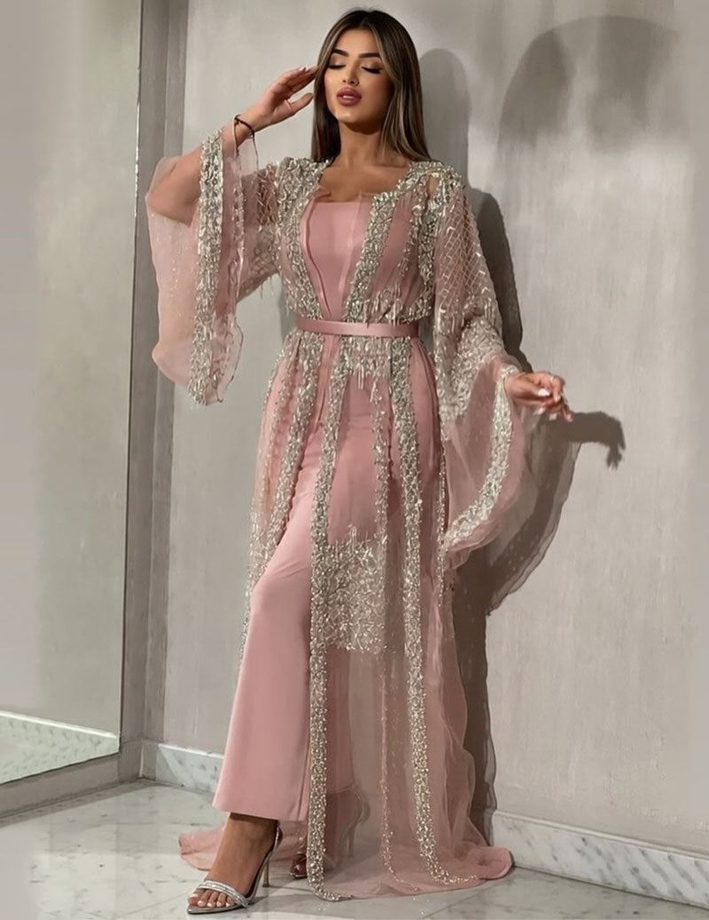 Sequin Embellished Abaya Sheer Mesh Cape Sleeve Kaftan Party Dress