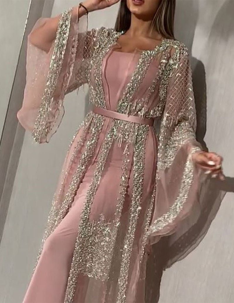 Sequin Embellished Abaya Sheer Mesh Cape Sleeve Kaftan Party Dress