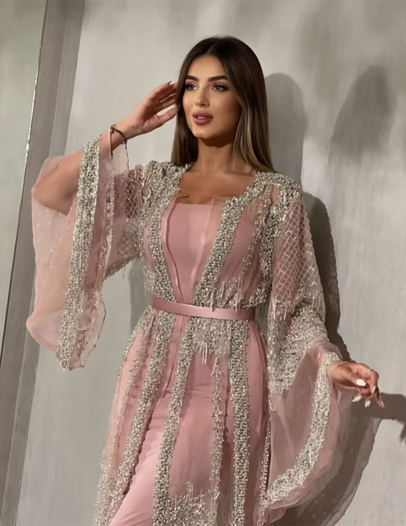 Sequin Embellished Abaya Sheer Mesh Cape Sleeve Kaftan Party Dress