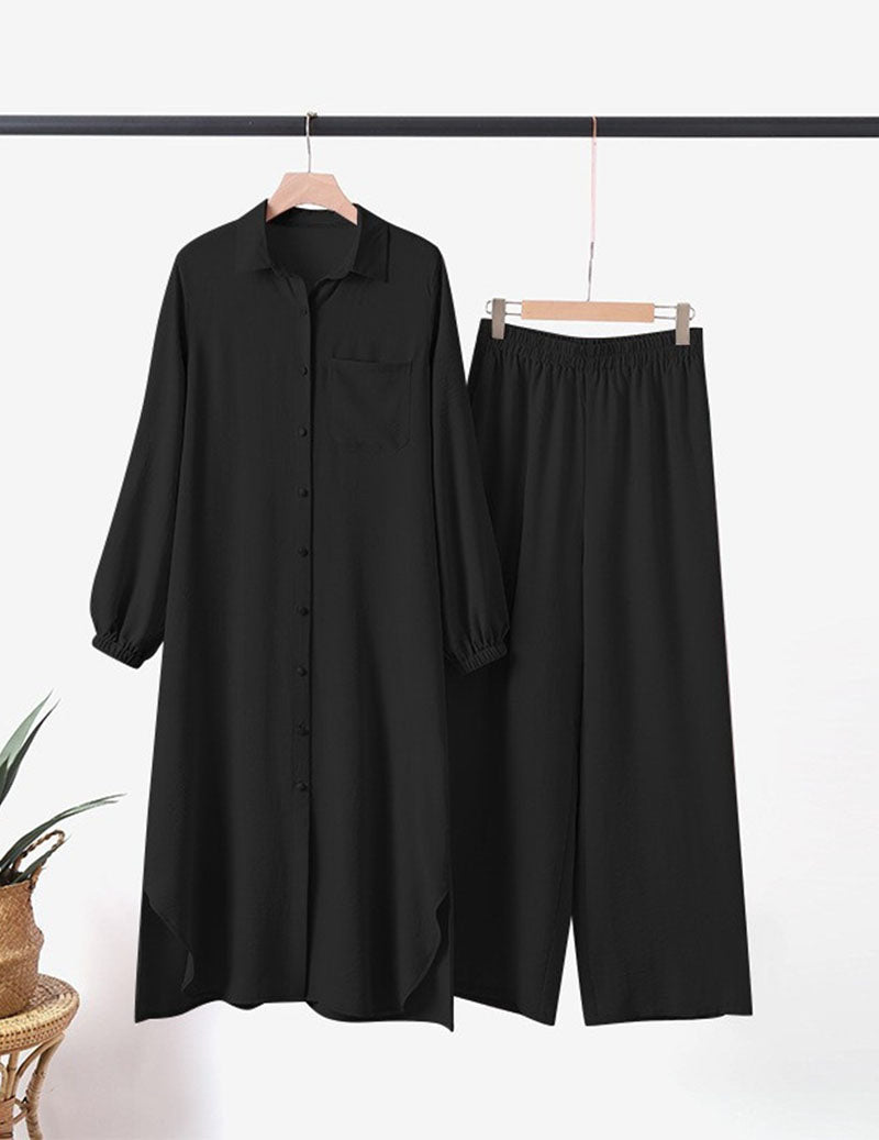 Women’s 2-Piece Set Button Down Shirt Tunic & Wide Leg Pants