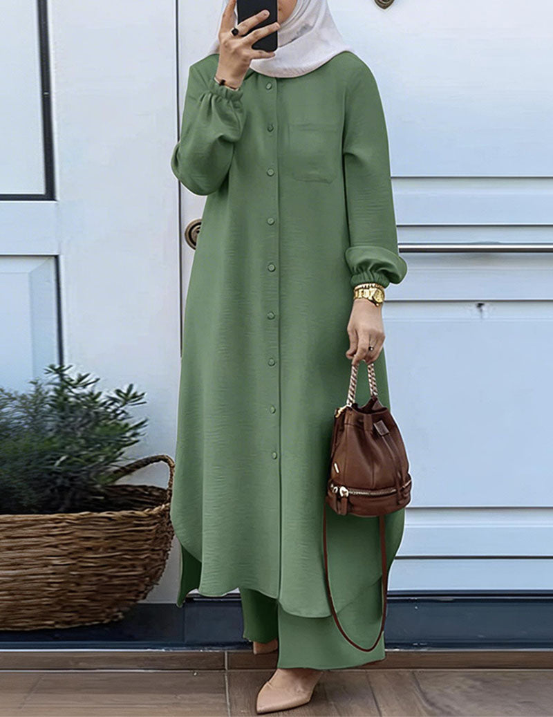 Women’s 2-Piece Set Button Down Shirt Tunic & Wide Leg Pants