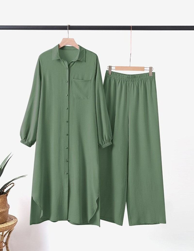 Women’s 2-Piece Set Button Down Shirt Tunic & Wide Leg Pants