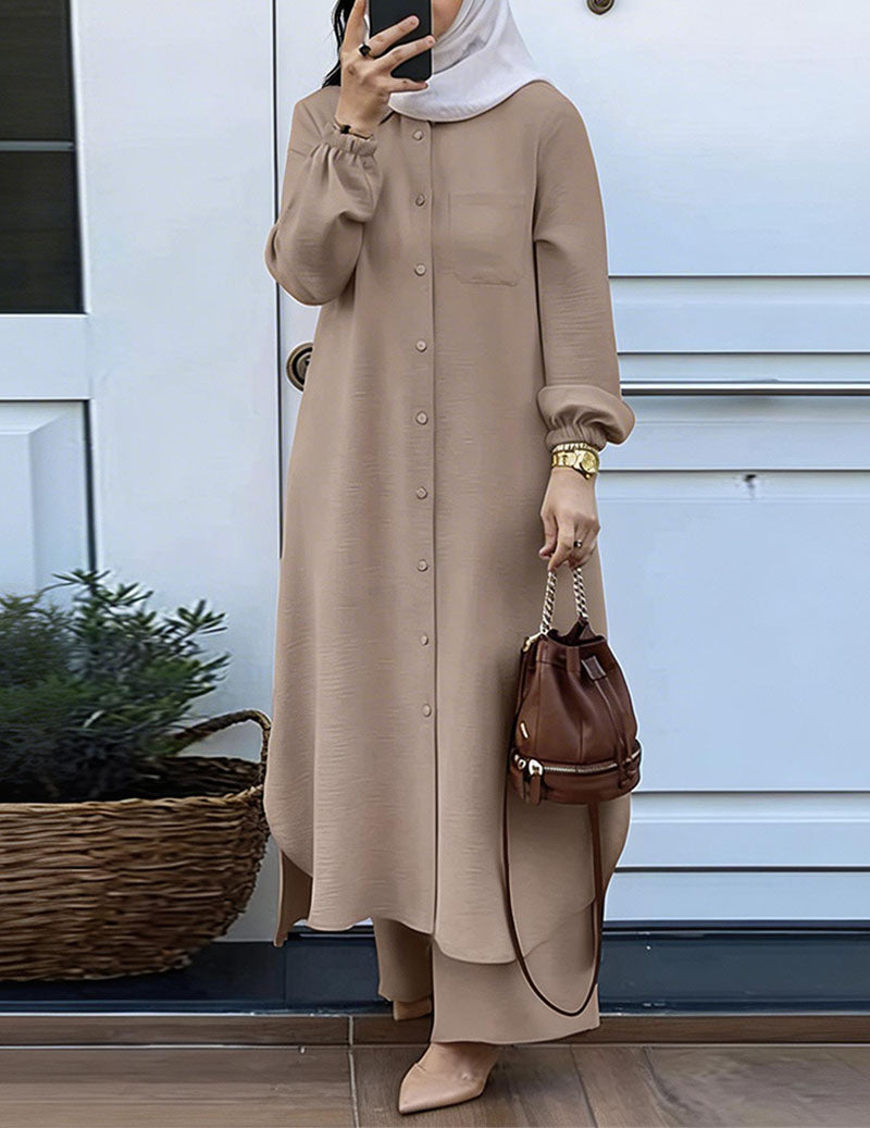 Women’s 2-Piece Set Button Down Shirt Tunic & Wide Leg Pants
