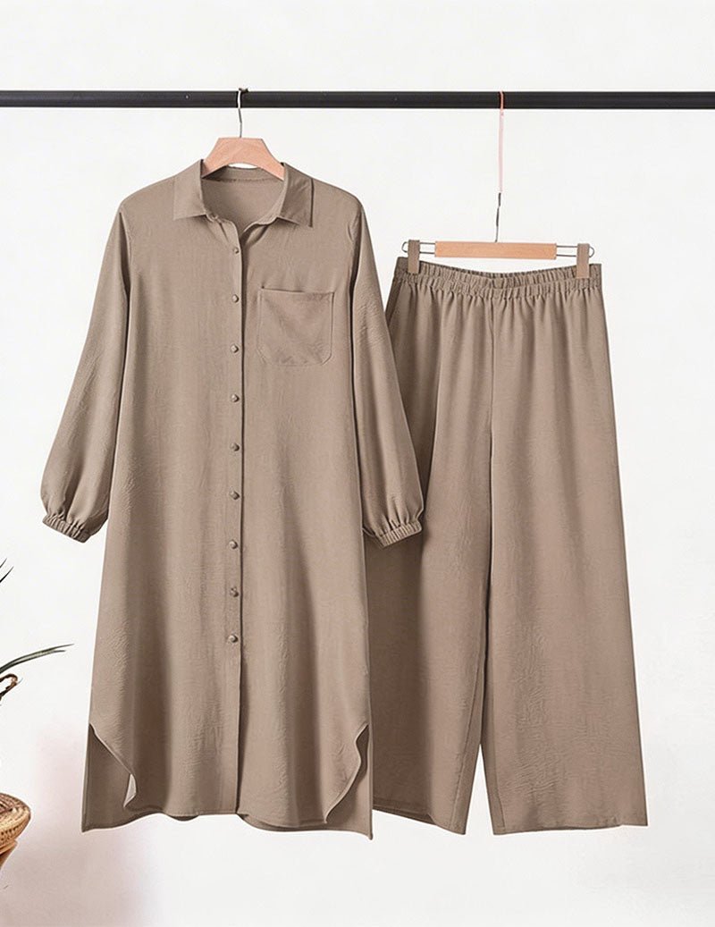 Women’s 2-Piece Set Button Down Shirt Tunic & Wide Leg Pants