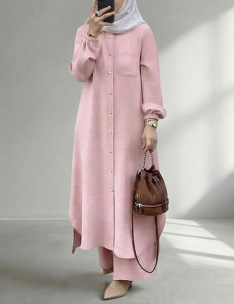 Women’s 2-Piece Set Button Down Shirt Tunic & Wide Leg Pants
