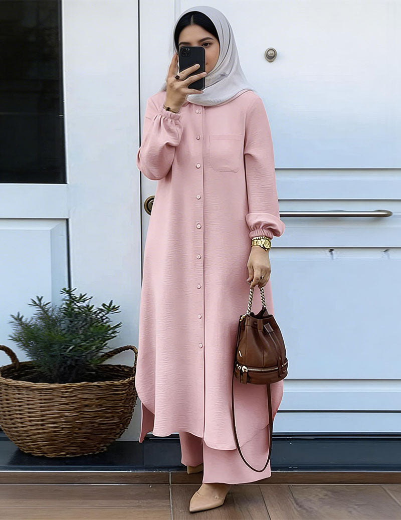 Women’s 2-Piece Set Button Down Shirt Tunic & Wide Leg Pants