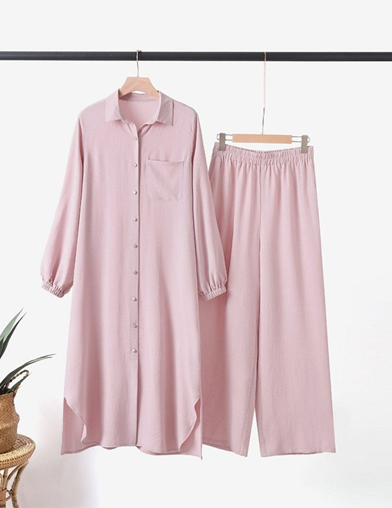 Women’s 2-Piece Set Button Down Shirt Tunic & Wide Leg Pants