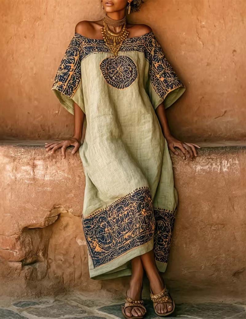 Linen Off Shoulder Dress Bohemian Floral Print Maxi Dress