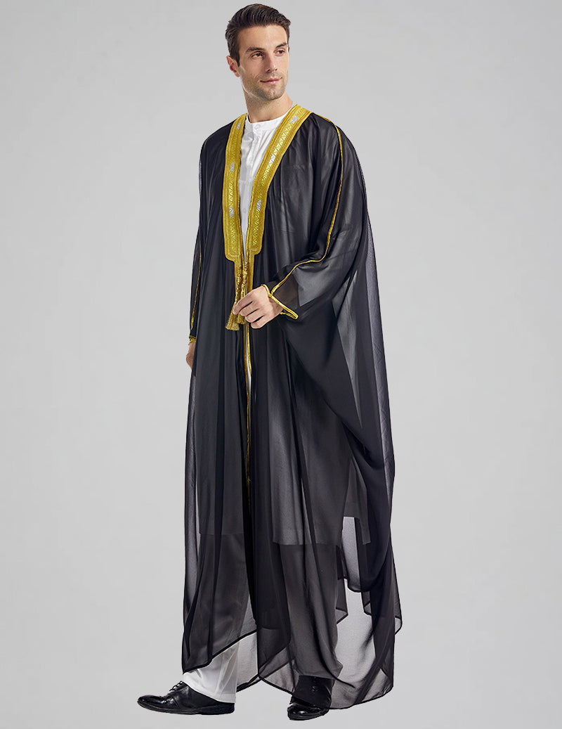 Men's Bisht Robe with Gold Embroidery Traditional Arabic Thobe Outer