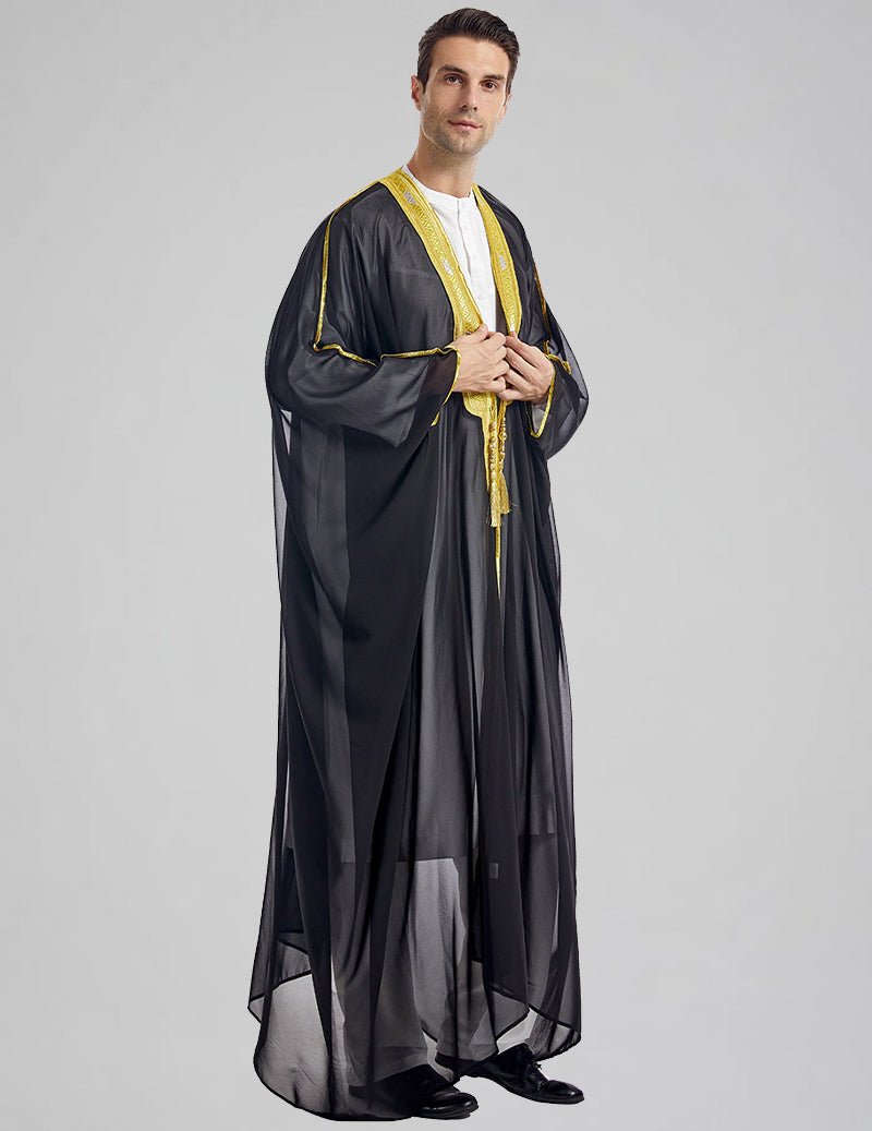 Men's Bisht Robe with Gold Embroidery Traditional Arabic Thobe Outer