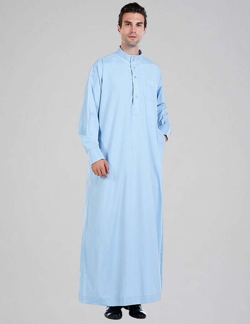 Men's Thobe Kandura Long Sleeve Button-Up Robe with Mandarin Collar