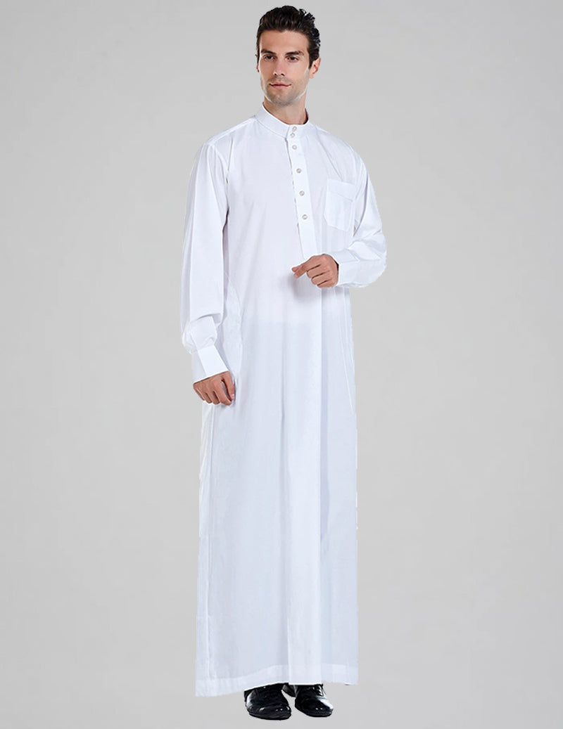 Men's Thobe Kandura Long Sleeve Button-Up Robe with Mandarin Collar