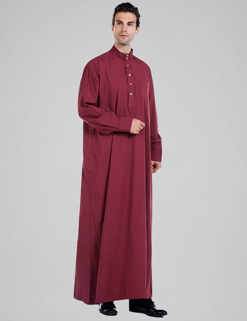 Men's Thobe Kandura Long Sleeve Button-Up Robe with Mandarin Collar