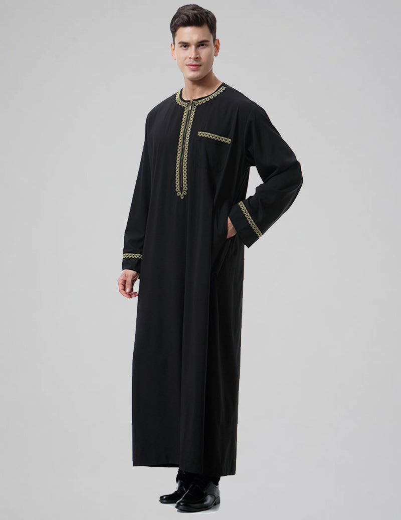 Men's Embroidered Thobe Kandura Long Sleeve Zipper Trim Robe