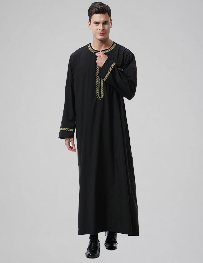 Men's Embroidered Thobe Kandura Long Sleeve Zipper Trim Robe