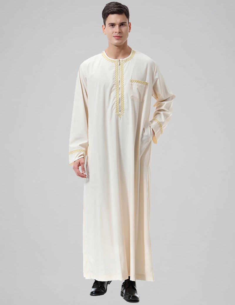 Men's Embroidered Thobe Kandura Long Sleeve Zipper Trim Robe