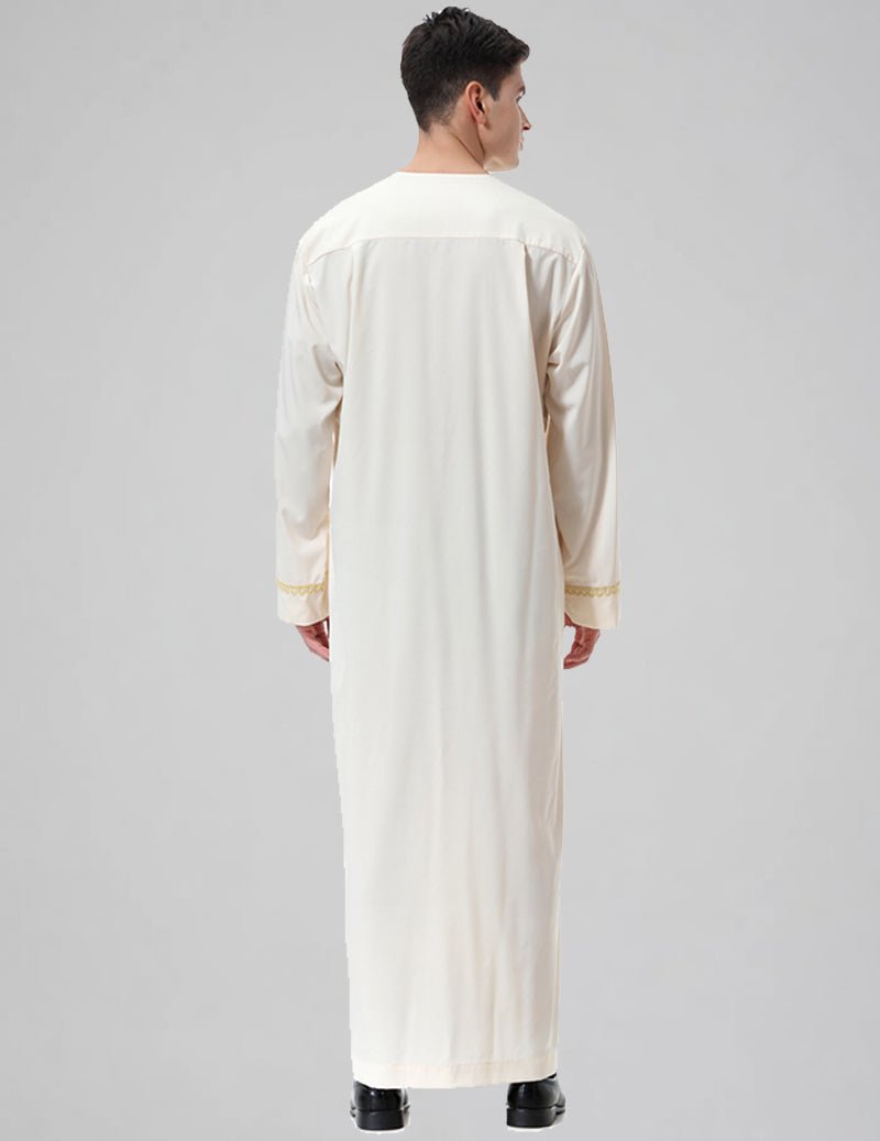 Men's Embroidered Thobe Kandura Long Sleeve Zipper Trim Robe
